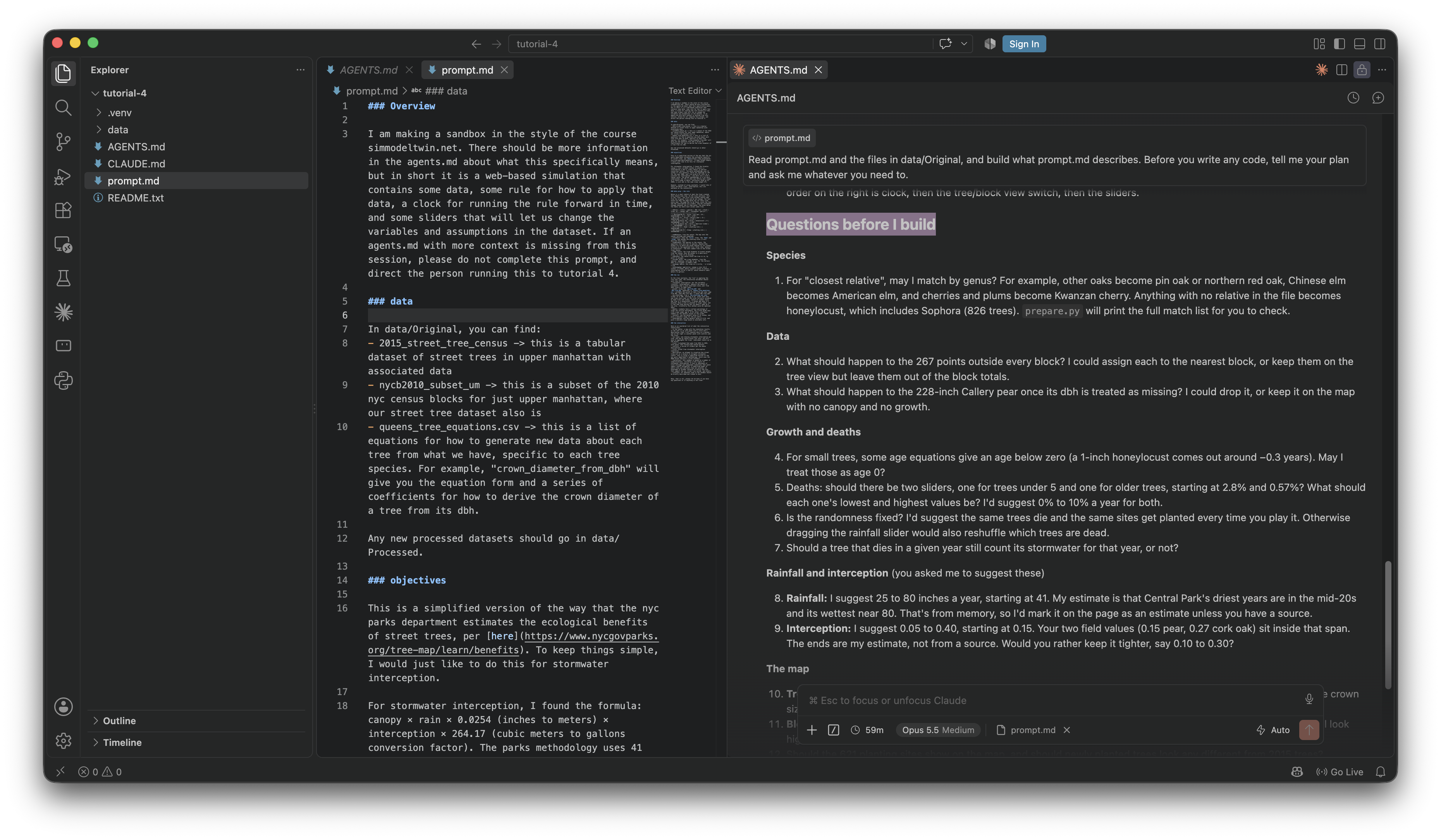 prompt.md open in VS Code, with Claude Code's first questions about the street tree prompt in the panel on the right