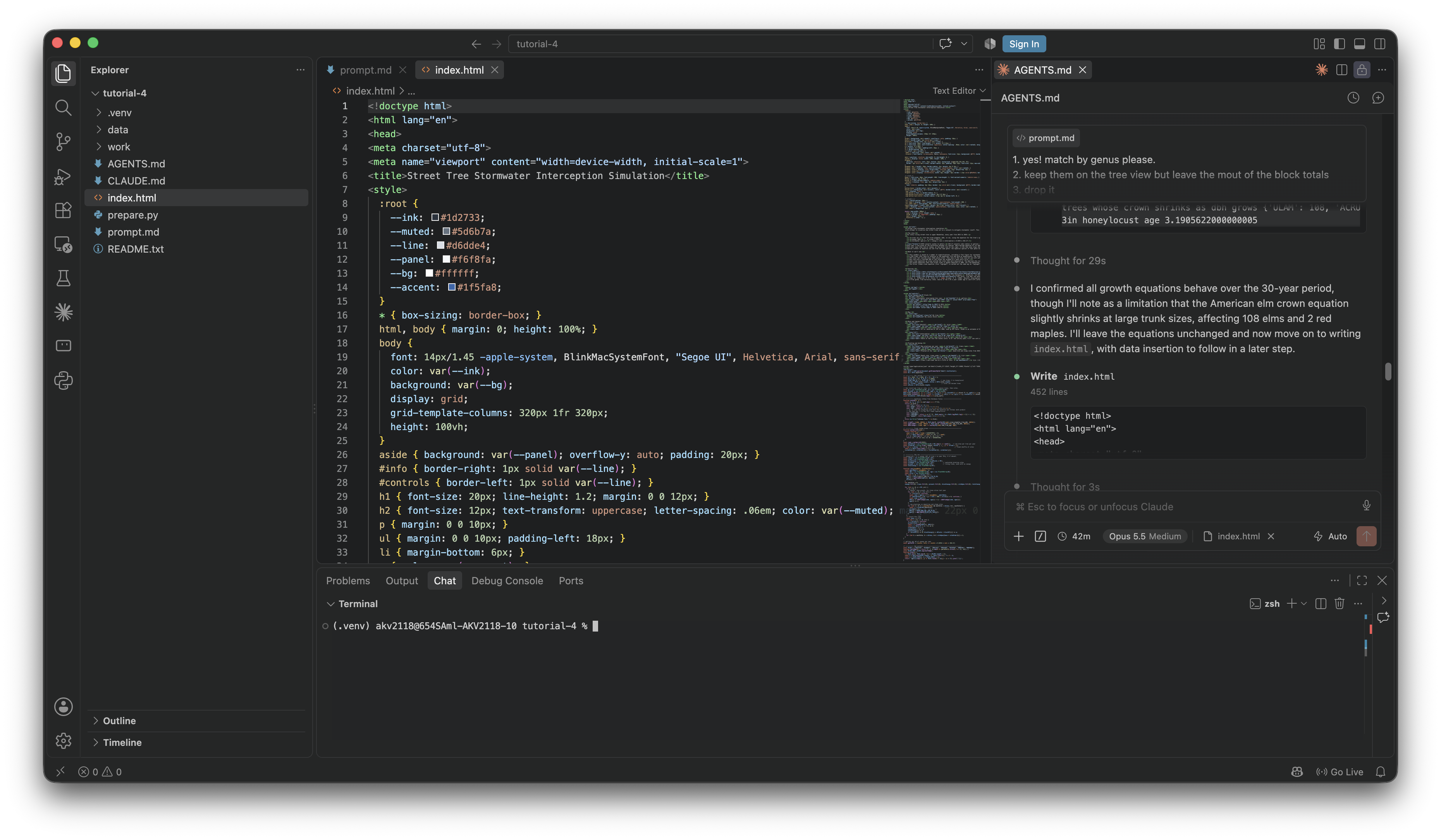 index.html open in VS Code, with the terminal open in a panel along the bottom of the window