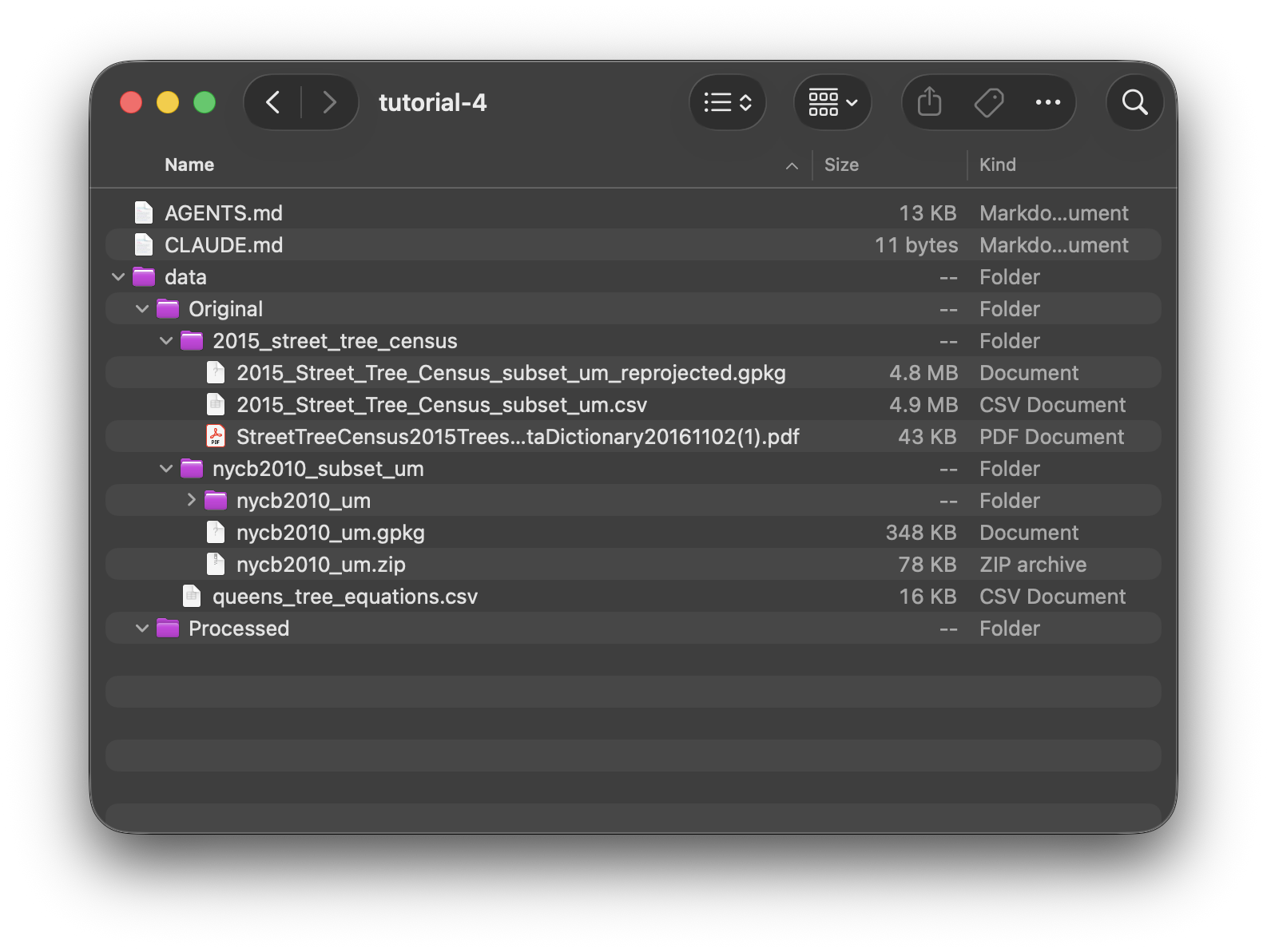 The tutorial-4 folder in Finder, with AGENTS.md and CLAUDE.md next to the data folder, and the three datasets inside data > Original