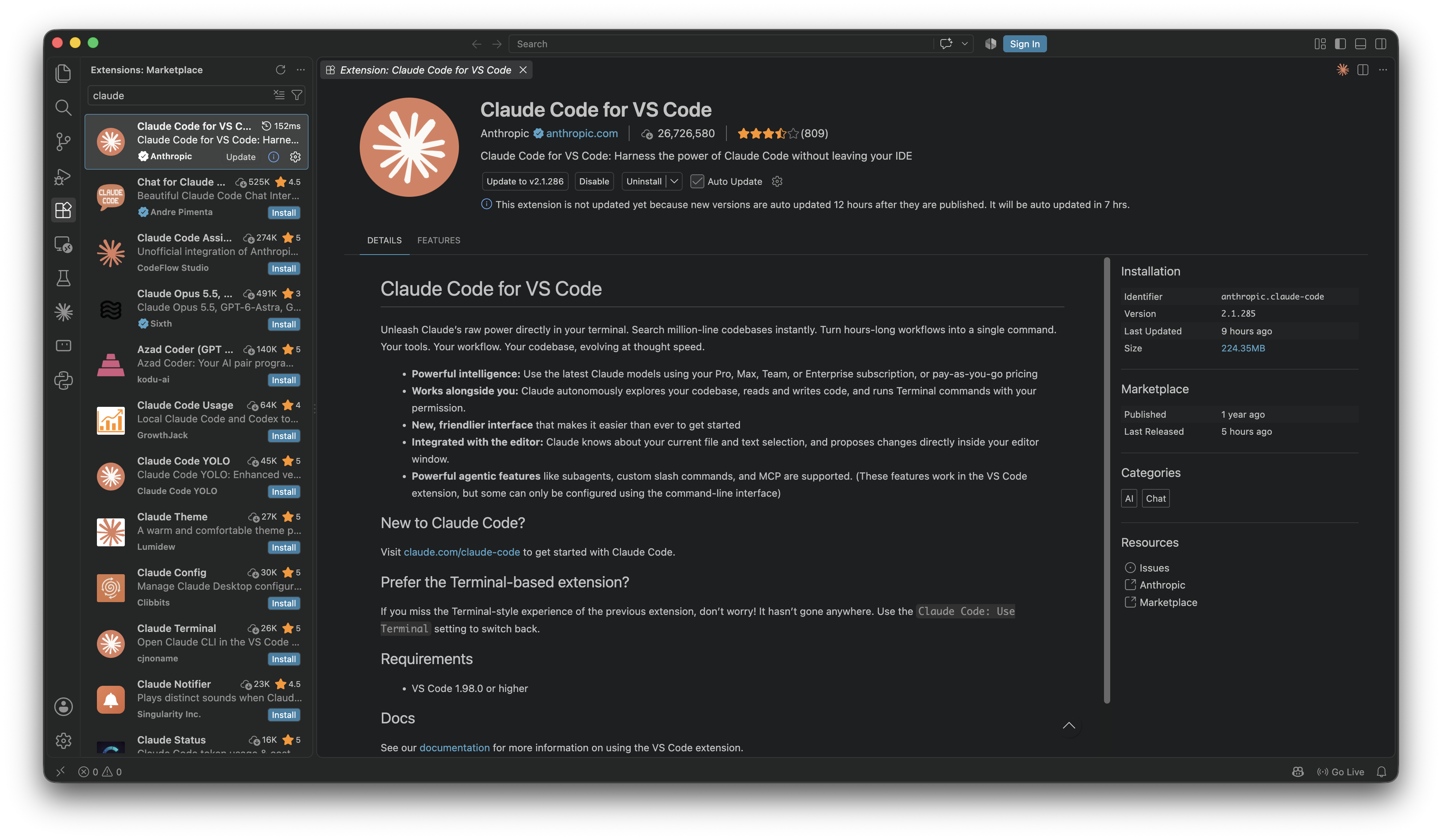 VS Code with the Extensions view open and the Claude Code extension installed